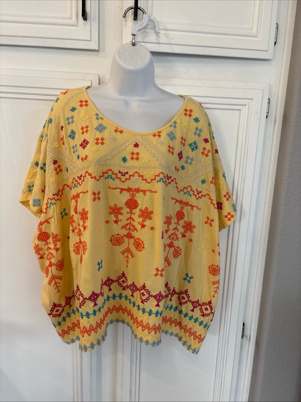 Johnny Was Yellow Short Sleeves Kimono Embroidered Top Boho Sz L 100% Cotton